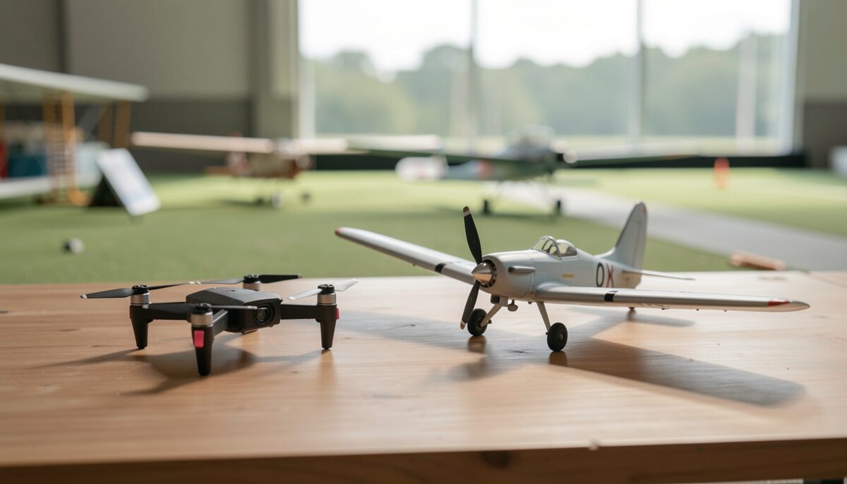 Eine kleine Quadrocopter-Drohne und ein Modellflugzeug liegen nebeneinander auf einem Tisch. Illustratives Bild, generiert mit KI.
