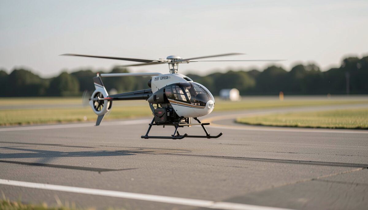 Ein ferngesteuerter Modellhubschrauber schwebt tief über einem befestigten Modellflugplatz, die Rotorblätter sind durch die Bewegung unscharf. Illustratives Bild, mit KI erzeugt.