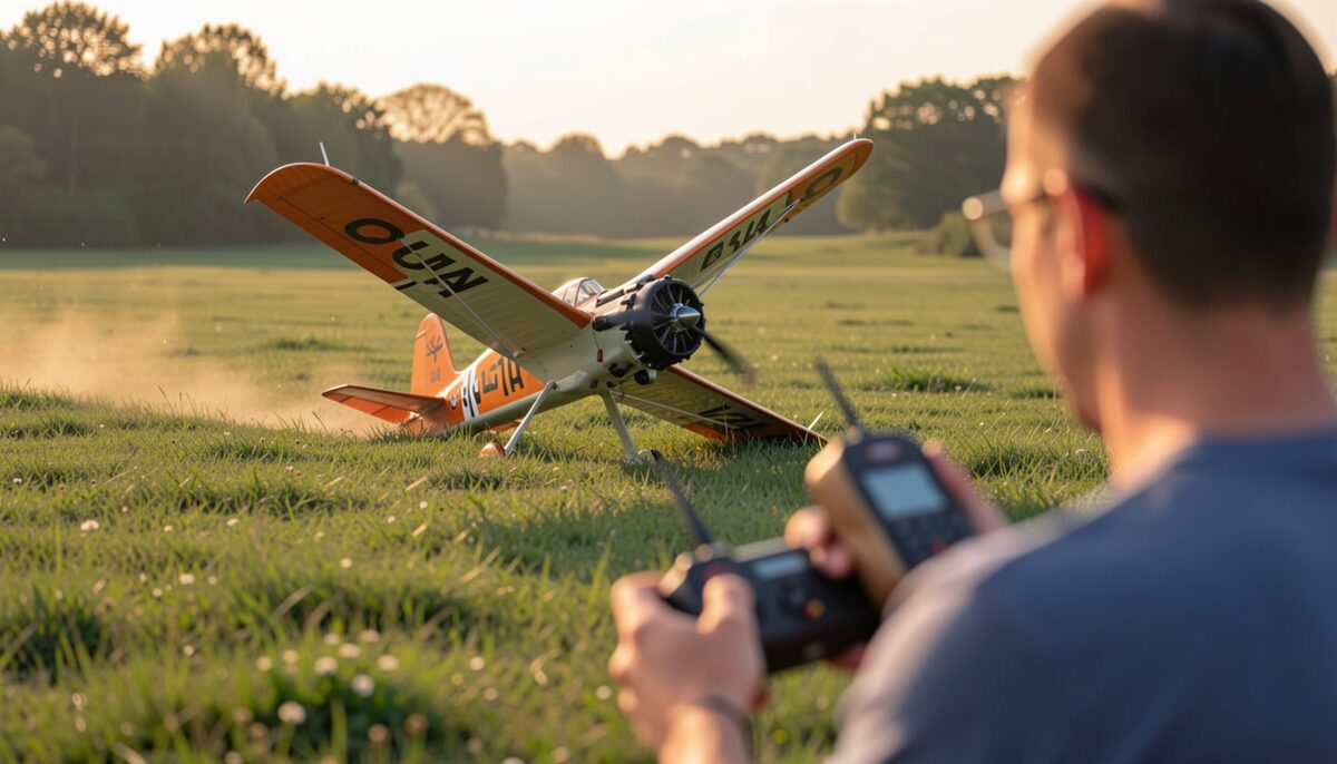 Ein ferngesteuertes Kunstflugmodell in steiler Kurve über einer grünen Wiese bei Abendlicht. Illustratives Bild, mit KI erzeugt.