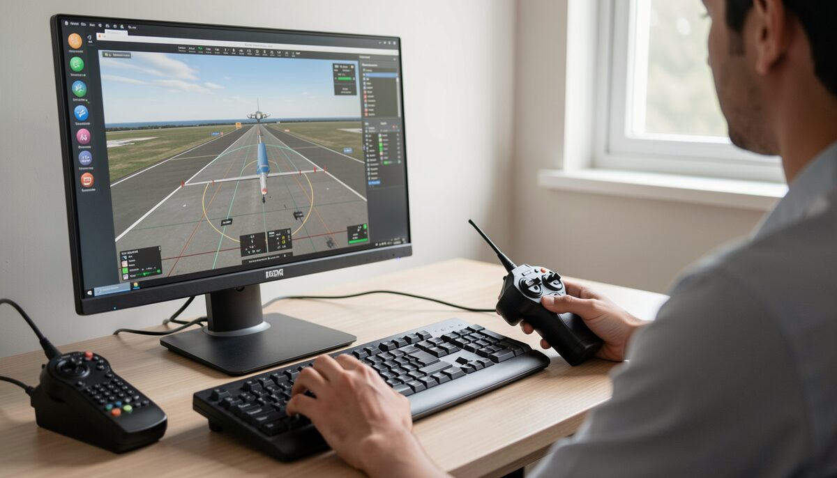 Person am Schreibtisch mit Flugsimulator am Bildschirm und verbundenem Sender. Illustratives Bild, mit KI erzeugt.
